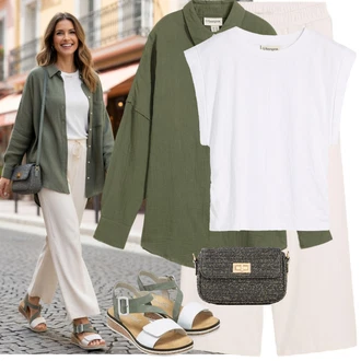 Outfit s Bílá/Šedá/Krémová/Růžová/Lilové barvy/Hnědá Tričko nadměrné velikosti/Tričko s krátkým rukávem/Tričko/Pletené tričko/Zavinovací Tričko/Krátký top Bonprix "Letní vzhled pro módní ženy"