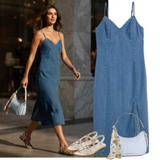 Elegantní Outfit s Béžová/Bílá/Khaki/Stříbrný Pletený Sandál/Sandál se třpytkami/Páskový Sandál/Letní Bota/Sandál S T Páskem Bonprix "Outfit na léto"Look: Šik, Disko, Elegantní, S Metall