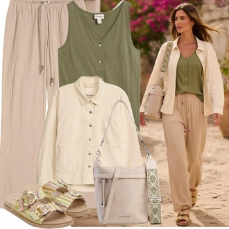 Chatky Outfit s Khaki/Hnědá/Béžová Plážová Kalhoty/Bavlněná Kalhoty/Kalhoty s nášivkou uprostřed/Lněné Kalhoty/Mušelínové kalhoty/Paperbag Kalhoty/Tradiční Kalhoty Bonprix, Béžová/Krémová/Vícebarevný Pletený Sandál/Espadrille pantofle/Espadrille sandál/Rybářská sandála/Sandál se třpytkami/Letní Bota Bonprix "Outfit na léto"Look: Den na pláži, Chatky, Festival, Ibiza, Den matek, Oktoberfest, Malle, 30. narozeniny
