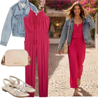 Elegantní Outfit s Béžová/Bílá/Khaki/Stříbrný Pletený Sandál/Sandál se třpytkami/Páskový Sandál/Letní Bota/Sandál S T Páskem Bonprix "Outfit na léto"Look: Šik, Disko, Elegantní, S Metall