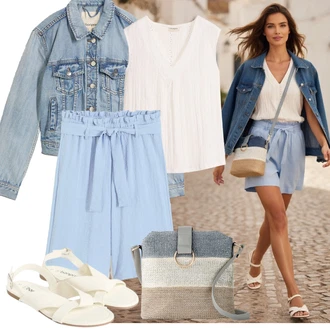 Pracovní Outfit s Světle modrá/Modrá Papírové Šortky Bonprix "Outfit na léto"Look: Tanec, Na Procházku, Pracovní