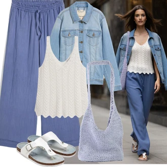 Se střapci Outfit s Šedá/Modrá/Světle modrá/Lilové barvy Plážová Kalhoty/Bavlněná Kalhoty/Kalhoty s nášivkou uprostřed/Culotte Kalhoty/Lněné Kalhoty/Mušelínové kalhoty/Palazzo Kalhoty/Paperbag Kalhoty/Tradiční Kalhoty/Široká Kalhoty Bonprix "Outfit na léto"