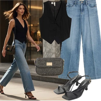 Outfit s Světle Modrá/Modrá Dad Džíny/Džíny Culottes/Džíny Volného Střihu/Plisované Džíny/Kožená Pánská Bund/Džín s Širokou Nohavicí Bonprix "Outfit na léto"