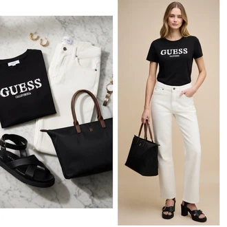 Denim outfits mit Črna/Svetlo modra/Temno zelena Smešna majica/Grafična majica/Lepa Majica/Majica s kratkimi rokavi/Beseda na majici/Casual Majica/Tiskana majica Guess "Obleka za prosti čas"