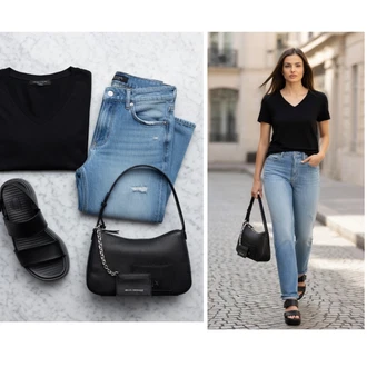 Denim outfits mit Črna Pletena majica/Slap-izrez majica/Lepa Majica/Priložnostni Vrh/Majica s kratkimi rokavi/Casual Majica/Kratka majica/Majica/Klasična Dolžina Sisley, Črna/Roza Sandala s platformo Skechers "Obleka za prosti čas"