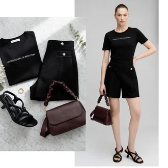 outfit mit Rumena/Črna/Krem/Rjava Ovitek za majico/Lepa Majica/Obrezana majica/Grafična majica/Pletena majica/Majica s kratkimi rokavi/Beseda na majici/Tiskana majica United Colors of Benetton "Obleka za prosti čas"