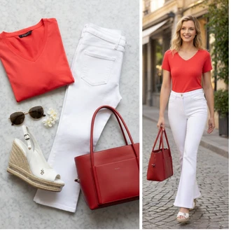 Vintage outfit mit Rdeča Pletena majica/Obrezana majica/Majica s kratkimi rokavi/Kratka majica/Majica/Casual Majica/Klasična Dolžina american Vintage "Obleka za prosti čas"Look: Vintage, Barvno blokiranje, Italijanska, Francoski, Egirl, Eleganten, Fina, Brez šivov, Španska