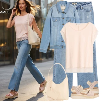 Culotte Outfit s Světle modrá/Modrá Džíny Culottes/Dad Džíny/Džín s Širokou Nohavicí/Džíny Volného Střihu/Vintage Džíny/Džíny s Rozparkem/Kožená Pánská Bund/Zkrácené Džíny Bonprix "Letní Outfity"