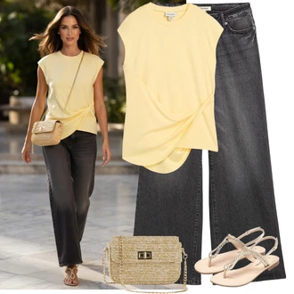 Outfit s Světle šedá/Tmavě šedá/Šedá/Černá Dad Džíny/Zvonové Džíny/Džíny Culottes/Džíny Volného Střihu/Kožená Pánská Bund/Džín s Širokou Nohavicí Bonprix "Tenue pour l'été"
