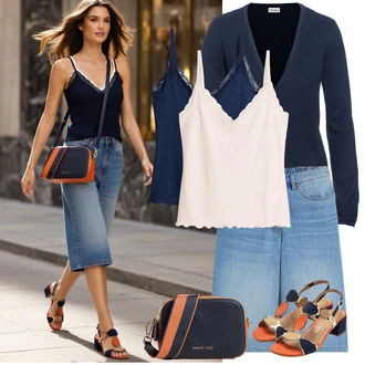 Culotte Outfit s Modrá/Světle modrá Papírové Šortky/Bermuda/Džínový Šortky/Džíny Culottes Bonprix "Letní Outfit"