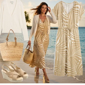 Outfity na pohřeb Léto s Béžová/Khaki/Hnědá Ležérní Šaty/Plážové Šaty/Zavinovací Šaty/Midi Šaty/Boho Letní Šaty/Dlouhé Letní Šaty/Šaty S Potiskem/Šaty na safari Bonprix "Outfit na Léto"