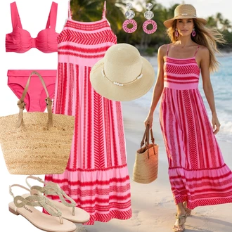Elegantní Outfit s Béžová/Hnědá/Růžová/Žlutá/Khaki/Bílá/Šedá/Zlatý Sandál S T Páskem/Páskový Sandál/Sandál Dianette Bonprix "Outfit na léto"Look: Burleska, Ležérní, Cool, Disko, Elegantní, S Metall, Premium