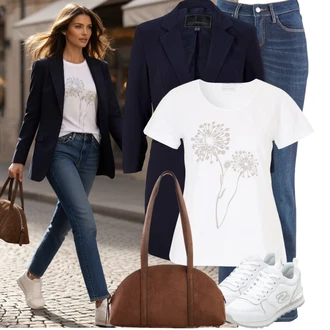 Outfit s Modrá/Tmavě Modrá Pánské tričko/Sportovní boty/Džíny s Nízkým Sedem/Džín s Nízkým Pasem/Džíny Regular Fit/Slim Fit Džíny/Navlékací džíny/Rovná Džína/Kožené Boty/Zimní bunda Bonprix "Módní outfit pro volný čas"