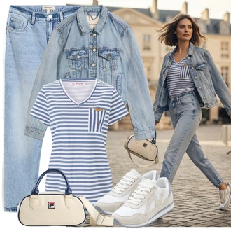 Sportovní Outfit s Bílá/Béžová/Krémová/Světle modrá Bota Kožené tenisky/Nízká Teniska/Úzká teniska/Letní tenisky/Vintage teniska Bonprix "Outfit na léto"Look: Moderní, Venkovní, Sportovní