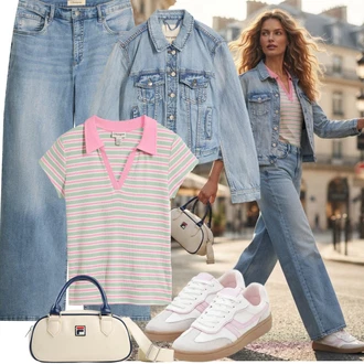 Outfit s Světle Modrá/Modrá Baggy Džíny/Dad Džíny/Džíny Culottes/Džíny Volného Střihu/Formální Košile/Kožená Pánská Bund/Džín s Širokou Nohavicí Bonprix "Outfit na léto"