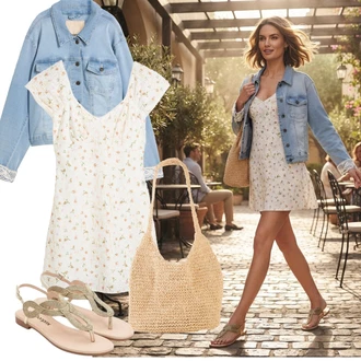 Outfit s Béžová/Hnědá/Růžová/Žlutá/Khaki/Bílá/Šedá/Zlatý Páskový Sandál/Sandál Dianette/Sandál S T Páskem Bonprix "Outfit na léto"
