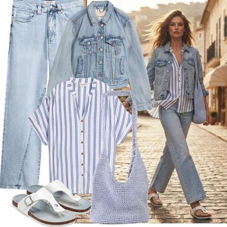 so sponou Outfit s Světle modrá/Modrá Baggy Džíny/Dad Džíny/Džíny Culottes/Džíny Volného Střihu/Mom Jean/Formální Košile/Kožená Pánská Bund/Vintage džíny/Džín s Širokou Nohavicí Bonprix, Bonprix, Bonprix, Bonprix, Bonprix "Outfit na léto"