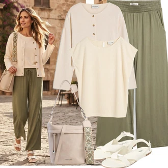 Outfit s Béžová/Khaki/Bílá/Žlutá/Zlatý Pletené tričko/Tričko nadměrné velikosti/Tričko s vodopádovým výstřihem/Tričko s krátkým rukávem/Zavinovací Tričko Bonprix "Outfit na léto"