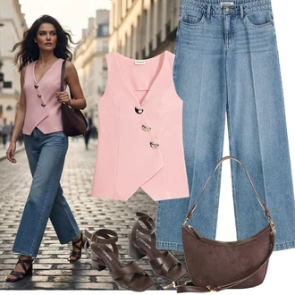 Outfit s Světle Modrá/Modrá Dad Džíny/Džíny Culottes/Džíny Volného Střihu/Plisované Džíny/Kožená Pánská Bund/Džín s Širokou Nohavicí Bonprix "Outfit na léto"