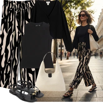 Se střapci Outfit s Béžová/Bílá/Černá/Krémová Culotte Kalhoty/Kalhoty s Peřím/Paperbag Kalhoty/Kalhoty s Potiskem Bonprix "Outfit na léto"