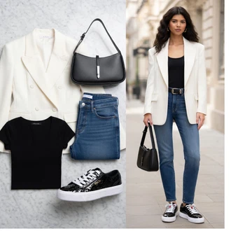 Sneg outfit mit Bela/Krem Dvojna jakna/Slip-on jakna/Trajnostna Jakna/Pomladna jakna/Poletna jakna/Volna Jakna/Prehodna Jakna/Bouclé Jakna marella "Obleka za prosti čas"