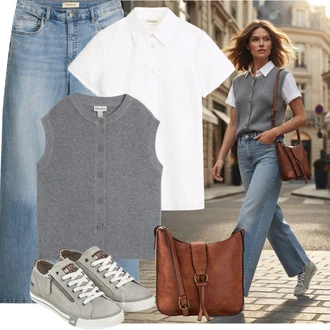 Outfit s Světle Modrá/Modrá Baggy Džíny/Dad Džíny/Džíny Culottes/Džíny Volného Střihu/Formální Košile/Kožená Pánská Bund/Džín s Širokou Nohavicí Bonprix "Outfit na léto"