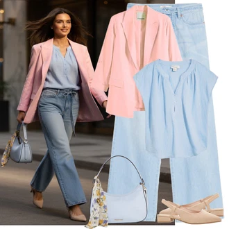 so sponou Outfit s Světle modrá Boyfriend Kalhoty/Tesařská kalhoty/Culotte Kalhoty/Kalhoty se Štěrbinou/Paperbag Kalhoty/Široká Kalhoty/Baggy Džíny/Dad Džíny/Džíny Culottes/Džíny Volného Střihu/Kožená Pánská Bund/Džín s Širokou Nohavicí Bonprix, Růžová Boyfriend Sako/Kožená bunda pro muže/Bavlněný Sako/Elegantní Sako/Dlouhý Sako/Oversize Sako/Kožená Pánská Bund Bonprix, Bonprix, Bonprix "Letní Outfit"