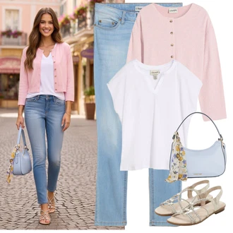 Outfit s Béžová/Bílá/Khaki/Stříbrný Letní Bota/Sandál S T Páskem/Páskový Sandál/Pletený Sandál/Sandál se třpytkami Bonprix "Letní Outfit"
