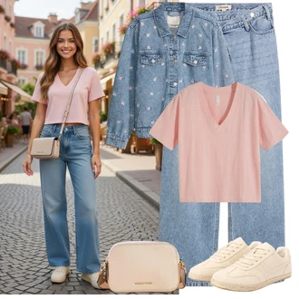 Outfit s Světle Modrá/Modrá Baggy Džíny/Dad Džíny/Džíny Culottes/Džíny Volného Střihu/Mom Jean/Džín s Širokou Nohavicí Bonprix "Letní Outfit"