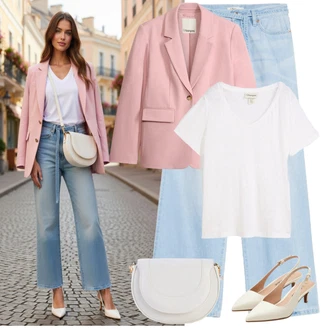 Léto Outfit s Světle modrá Boyfriend Kalhoty/Tesařská kalhoty/Culotte Kalhoty/Kalhoty se Štěrbinou/Paperbag Kalhoty/Široká Kalhoty/Baggy Džíny/Dad Džíny/Džíny Culottes/Džíny Volného Střihu/Kožená Pánská Bund/Džín s Širokou Nohavicí Bonprix "Letní Outfit"