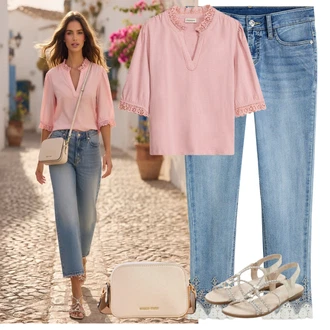 so sponou Outfit s Bonprix, Béžová/Bílá/Khaki/Stříbrný Letní Bota/Sandál S T Páskem/Páskový Sandál/Pletený Sandál/Sandál se třpytkami Bonprix, Bonprix "Letní Outfit"