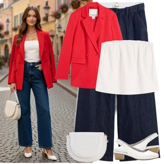 Outfit s Tmavě Modrá/Světle Modrá/Modrá Baggy Kalhoty/Boyfriend Kalhoty/Tesařská kalhoty/Kalhoty s nášivkou uprostřed/Culotte Kalhoty/Rozšířená Kalhoty/Marlene Kalhoty/Mušelínové kalhoty/Palazzo Kalhoty/Paperbag Kalhoty/Tradiční Kalhoty/Baggy Džíny/Džíny Culottes/Džíny Volného Střihu/Plisované Džíny/Džín s Širokou Nohavicí Bonprix "Letní Outfit"