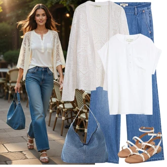 Outfit s Světle Modrá/Modrá Boyfriend Kalhoty/Tesařská kalhoty/Paperbag Kalhoty/Kalhoty se Štěrbinou/Široká Kalhoty/Kalhoty s nášivkou uprostřed/Kalhoty s Vysokým Pasem/Rovná Kalhoty/Plisované Džíny/Džín s Širokou Nohavicí/Džíny Culottes/Džíny Volného Střihu/Kožená Pánská Bund Bonprix "Tenue pour l'été"
