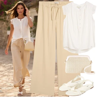 Se střapci Outfit s Béžová/Khaki Kožená Pánská Bund/Culotte Kalhoty/Mušelínové kalhoty/Paperbag Kalhoty/Široká Kalhoty Bonprix "Letní Outfit"
