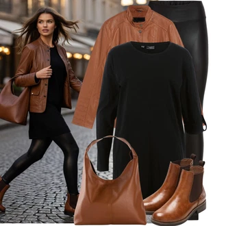Bar Outfit s Hnědá/Béžová Velká taška/Taška/Taška Přes Rameno/Shopper taška/Sportovní Taška Přes Rameno/Taška Na Rameno Bonprix "Cool podzimní outfit"Look: Bar, Karneval, Galavečer, Opera, Popový koncert, Škola