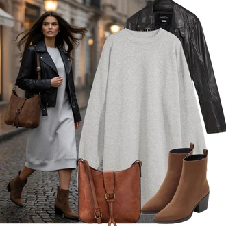 Outfit s Černá/Šedá Motorkářské Bund/Bunda z Umělé Kůže/Kožené Bund Bonprix "Podzimní trendy outfit"