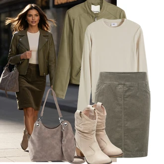 Outfit s Béžová/Khaki/Hnědá Kardigán s kulatým výstřihem/Svetry 2 v 1/Basic Svetr/Svetr Carmen/Svetr z Jemné Pleteniny/Svetr s Kulatým Výstřihem/Jednoduchý Svetr/Termo Svetr Bonprix "Podzimní trendy outfit"