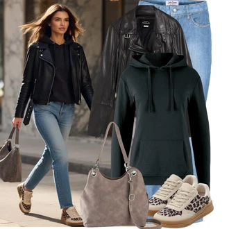 Outfit s Černá/Šedá Motorkářské Bund/Bunda z Umělé Kůže/Kožené Bund Bonprix "Podzimní trendy outfit"