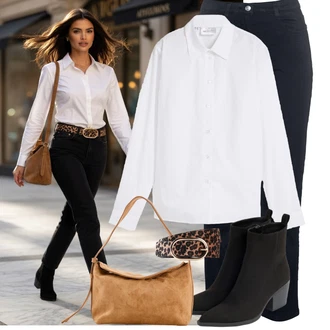 Outfit s Hnědá/Tmavě hnědá/Zlatý Páska Pásek bez Přezky/Ležérní pásek/Klasické Pásky/Kožený Pásek/Široký Opasek Bonprix "Podzimní trendy outfit"