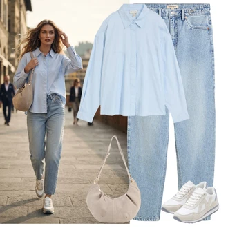 Outfit s Bílá/Béžová/Krémová/Světle modrá Kožené tenisky/Nízká Teniska/Úzká teniska/Letní tenisky/Vintage teniska Bonprix "Stylový Ležérní Outfit"