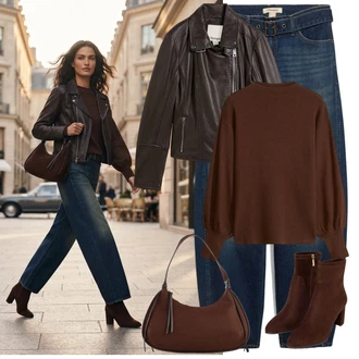 Outfit s Modrá/Tmavě Modrá/Světle Modrá Džíny Volného Střihu/Kožená Pánská Bund/Plisované Džíny/Kožená bunda/Kožená Pánská Bund/Džín s Širokou Nohavicí/Džíny Culottes Bonprix "Podzimní vzhled"