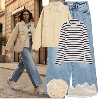 Outfit s Hnědá/Tmavě modrá/Bílá Kardigán s kulatým výstřihem/Kardigán se stojatým límečkem/Svetr s límečkem/Pruhovaný Svetr/Rolák/Svetr s podšívkou/Kašmírový kardigán Bonprix "Herbstlicher Look"