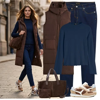 Outfit s Tmavě modrá/Modrá Kardigán s kulatým výstřihem/Krátký svetr/Kardigán se stojatým límečkem/Svetry 2 v 1/Basic Svetr/Svetr Carmen/Svetr s Výstřihem/Svetr z Jemné Pleteniny/Kašmírový Svetr/Pletený Svetr/Svetr Niki/Svetr s límečkem/Jednoduchý Svetr/Svetr s Třásněmi/Rolák Bonprix "Podzimní vzhled"
