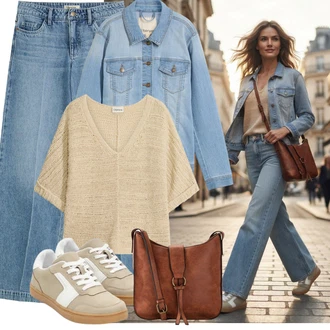 Outfit s Světle Modrá/Modrá Dad Džíny/Džíny Culottes/Džíny Volného Střihu/Plisované Džíny/Kožená Pánská Bund/Džín s Širokou Nohavicí Bonprix "Outfit na léto"