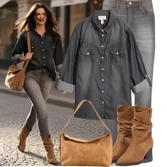 Outfit s Béžová/Hnědá Bagetová Taška/Velká Taška/Taška/Látková Taška/Taška Přes Rameno/Shopper Taška/Sportovní Taška Přes Rameno Bonprix "Trendový podzimní outfit"