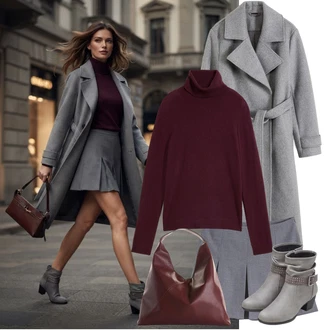 Šik Od 60 let Outfit s Světle šedá/Šedá/Tmavě modrá/Tmavě šedá Sukně Pro Vysokou Školu/Moderní Sukně/Sukně Pro Školní Uniformu/Krátká plisovaná sukně Bonprix "Herbstlicher Look"Look: Business, Šik, Krásný, Kancelář, Old Money, Preppy