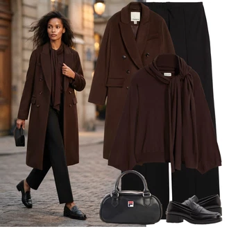 Šik Od 60 let Outfit s Vínová/Tmavě hnědá/Tmavě červená/Hnědá Kašmírový Kabát/Lodenový kabát/Midi Kabát/Kabát z Kabanosu/Přechodový Kabát/Vintage Kabát/Vlněný Kabát/Vlněný kabát Bonprix "Herbstlicher Look"Look: Šik, Elegantní, Francouzské, Old Money, Chytrý příležitostný