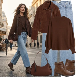 Outfit s Světle Modrá/Modrá Baggy Džíny/Dad Džíny/Džíny Culottes/Džíny Volného Střihu/Mom Jean/Džín s Širokou Nohavicí Bonprix "Herbstlicher Look"