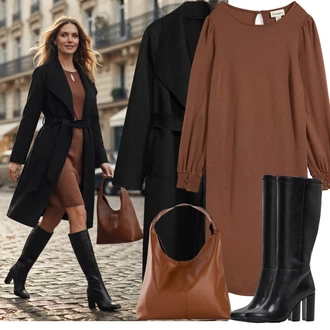 Šik Od 60 let Outfit s Hnědá/Béžová Velká taška/Taška/Taška Přes Rameno/Shopper taška/Sportovní Taška Přes Rameno/Taška Na Rameno Bonprix "Podzimní Look"Look: Šik, Klasické, Old Money