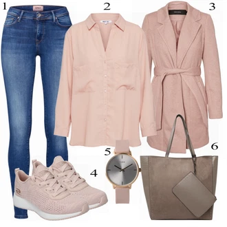 S páskem Dlouhé Outfit s Modrá/Bílá Kožená bunda/High Waist Džínové Kalhoty/Džíny s Rozparkem/Kožené Boty/Slim Fit Džíny/Push up Džín/Džín s Nízkým Pasem/Džíny s Nízkým Sedem Only "About You Blůza"